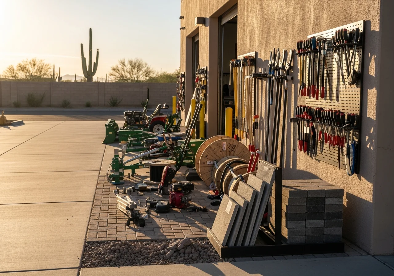 Landscaping crew with professional tools and equipment ready for job site work, showcasing the team's readiness and expertise.