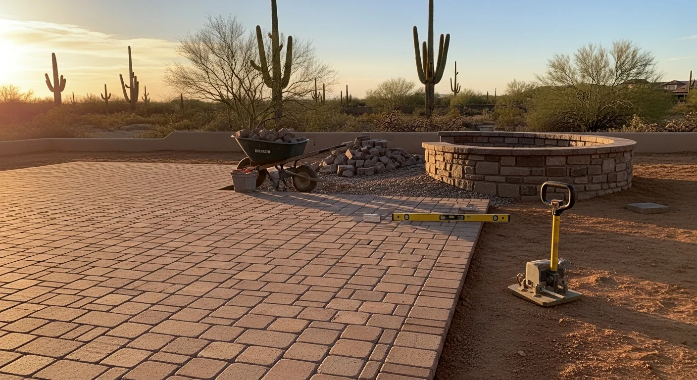 Completed hardscape patio and retaining wall installation in Tucson landscape