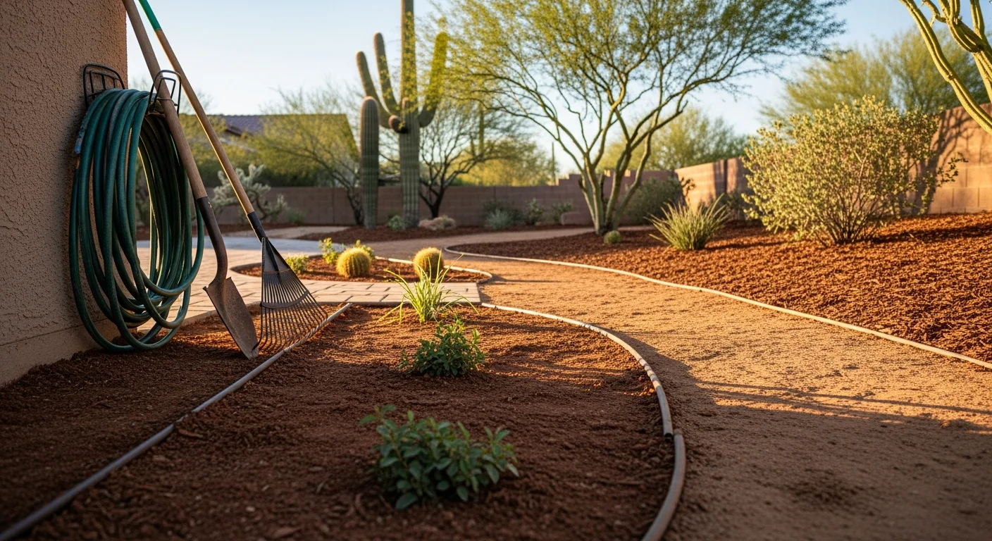 Professional landscape contractor installing hardscape and plantings in Tucson yard