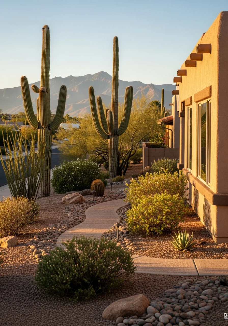 Close-up of a Tucson home's exterior with desert landscaping and mountain views.