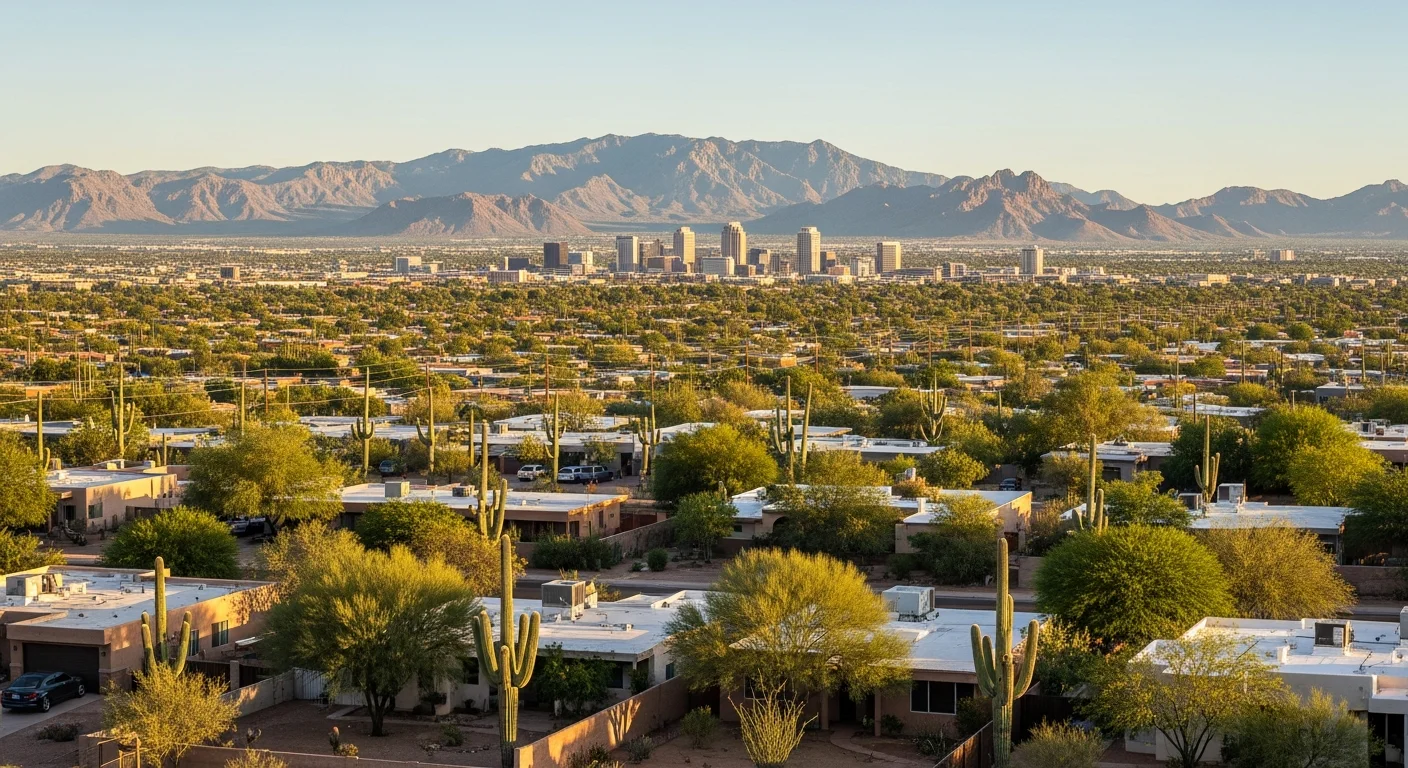 Wide view of Tucson's skyline with desert mountains in the background and residential neighborhoods in the foreground.