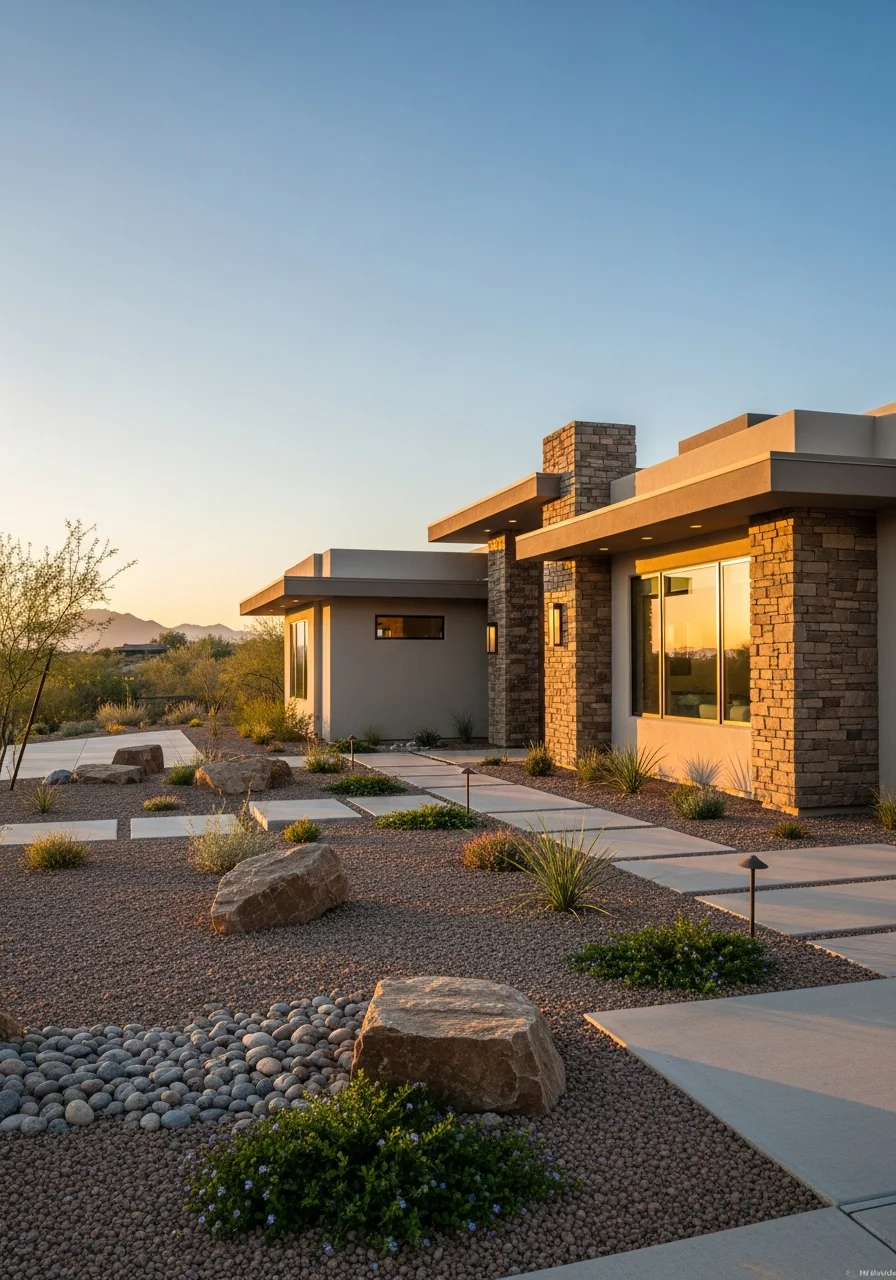 Modern Vail home exterior with contemporary design and low-maintenance desert yard.