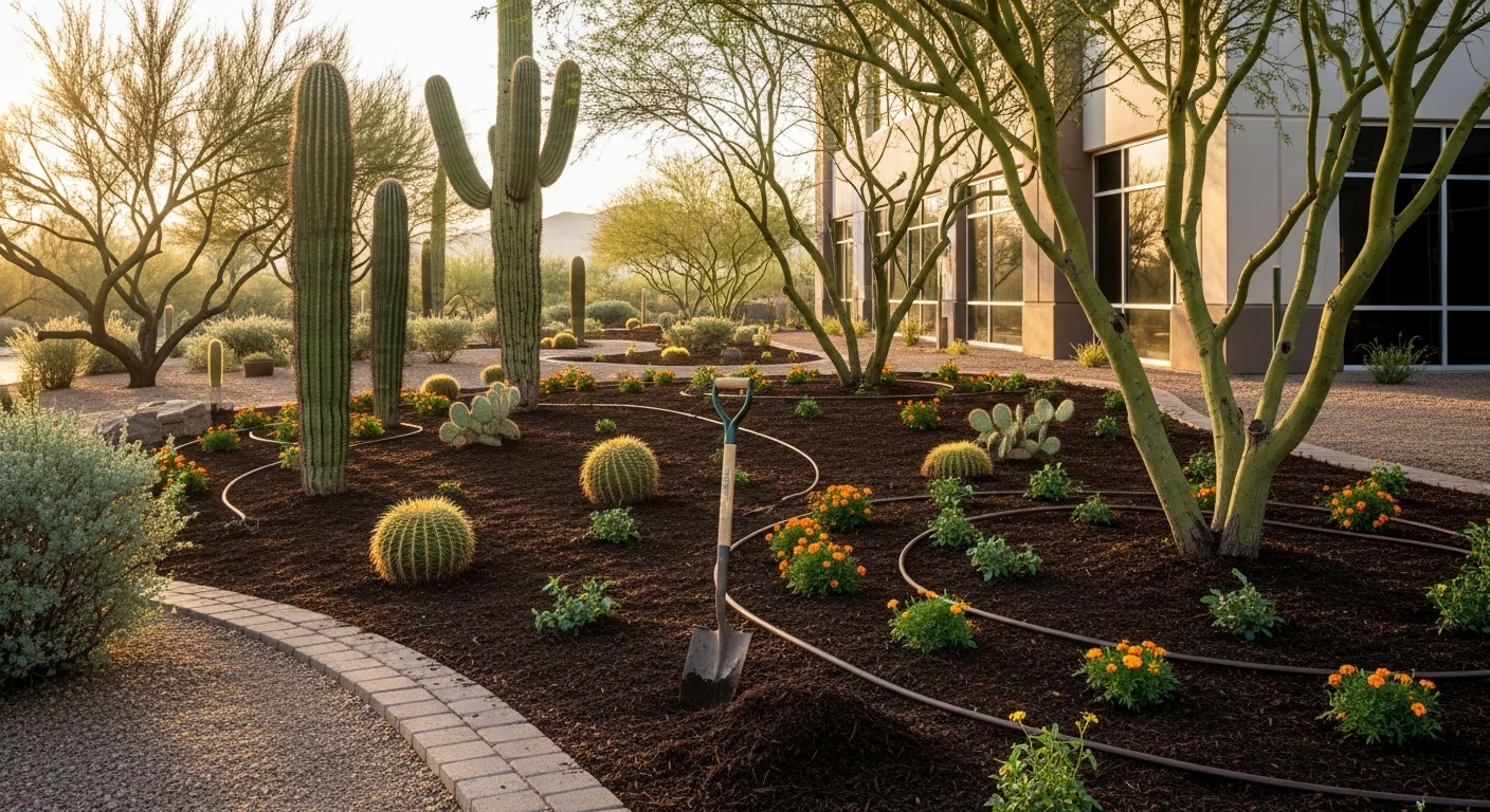 A well-maintained commercial property entrance in Tucson, Arizona, featuring drought-tolerant desert plants, clean decomposed granite ground cover, and trimmed shrubs along a paved walkway. The landscape reflects Sonoran Desert conditions with heat-adapted plantings under a clear blue sky.
