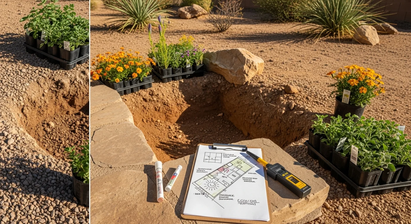 A custom-designed desert landscape in Tucson, Arizona, featuring drought-tolerant native plantings, decorative gravel ground cover, and a shaded patio hardscape area. The yard reflects Sonoran Desert character with structured plant placement and clear drainage grading visible across the lot.