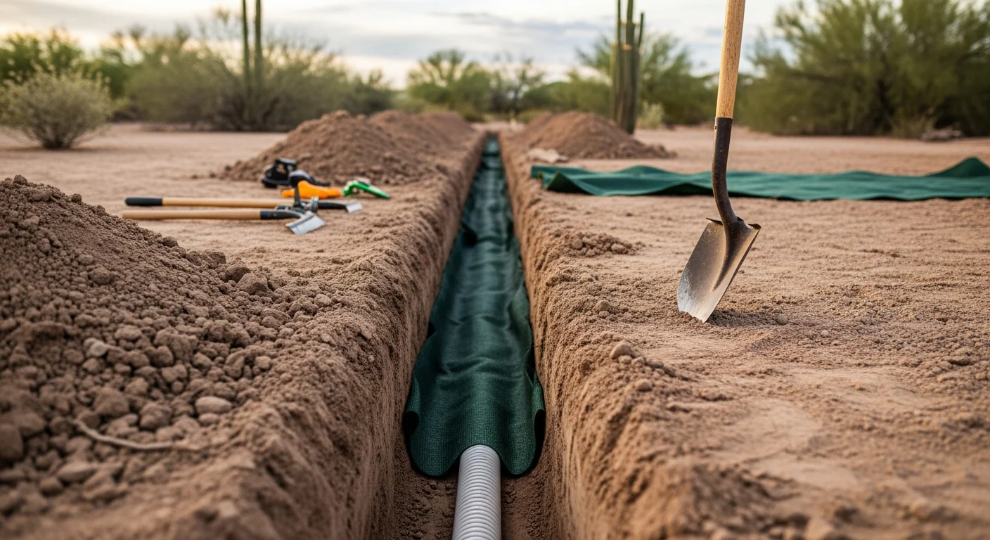 A completed French drain installation in a Tucson residential backyard, with gravel-filled trench running along a stucco block wall. Desert landscaping surrounds the drainage channel on dry, sandy soil typical of Southern Arizona.