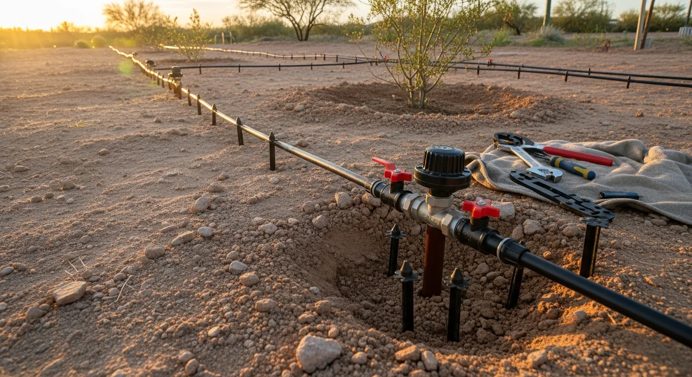 A professionally installed drip irrigation system running along the base of desert shrubs and native plants in a Tucson residential yard. Emitter lines are neatly routed through gravel mulch with each plant receiving its own dedicated drip line.