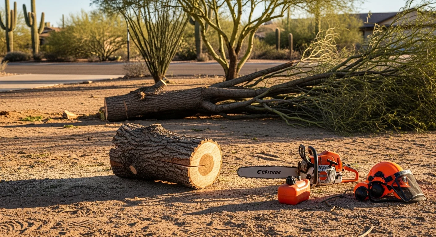 A large uprooted mesquite tree lying across a Tucson residential yard after a monsoon storm, with a crew from Wolfberry Landscaping cutting and removing sections near a block wall fence. Chainsaw equipment and wood debris are visible on the dry desert soil.