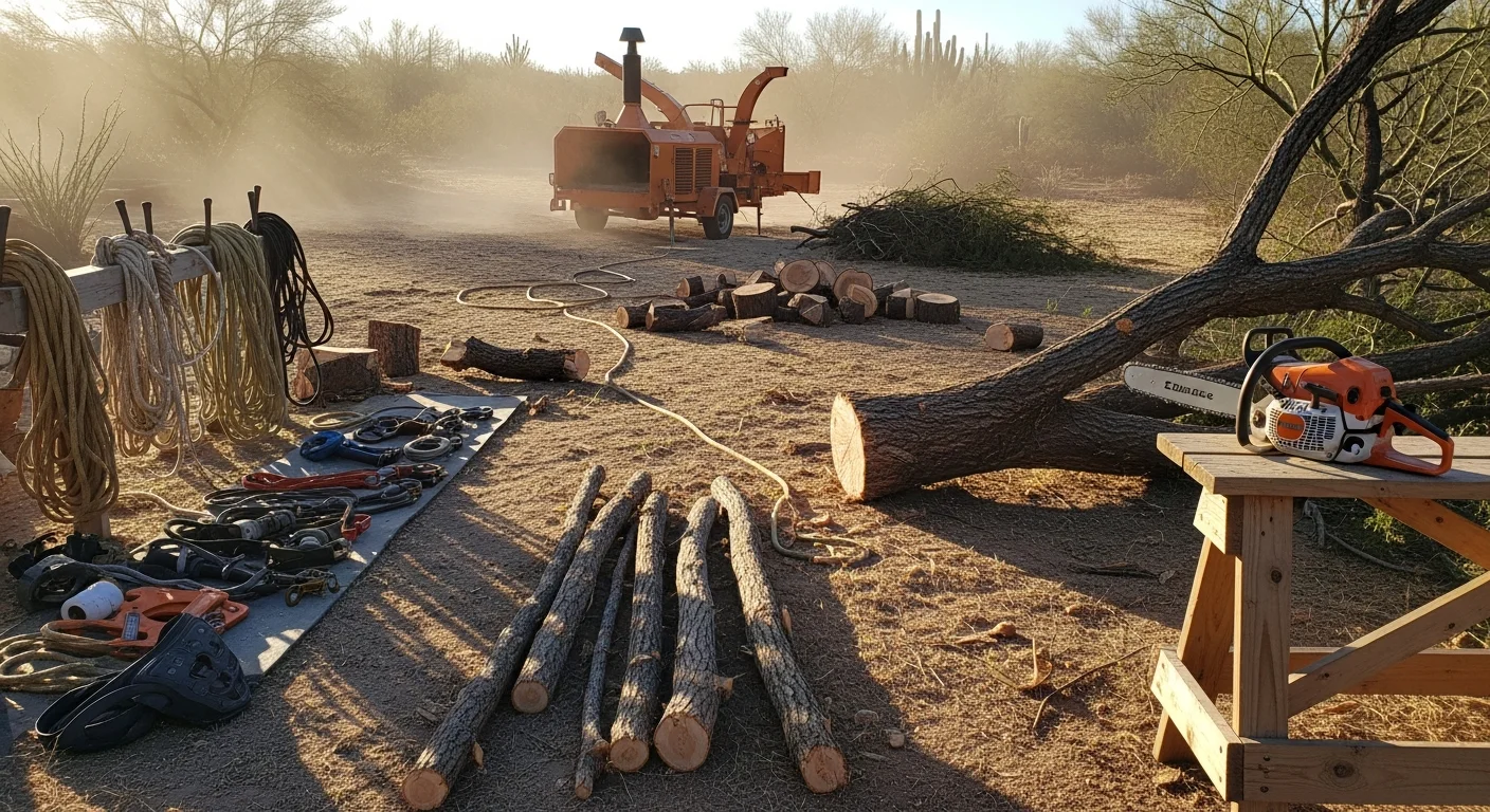 A large dead mesquite tree being removed in sections by a tree service crew in a Tucson residential backyard. The trunk shows visible decay and the canopy has been cleared, with debris staged on the ground beside the home.