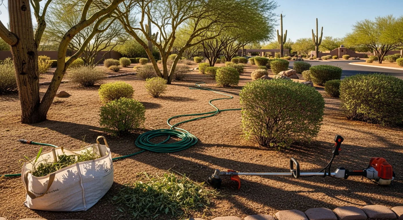 Trimmed desert shrubs and clean gravel common areas at a Tucson HOA community entry corridor. A uniformly maintained landscape with drought-tolerant plants lines the walkway under clear Arizona sky.