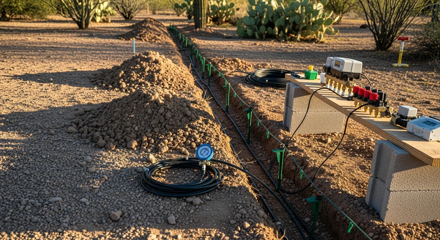 A newly installed drip irrigation system with emitters and supply tubing running along the base of desert shrubs in a Tucson residential yard. Trenched lateral lines connect to a valve box set flush with the ground near a stucco exterior wall.