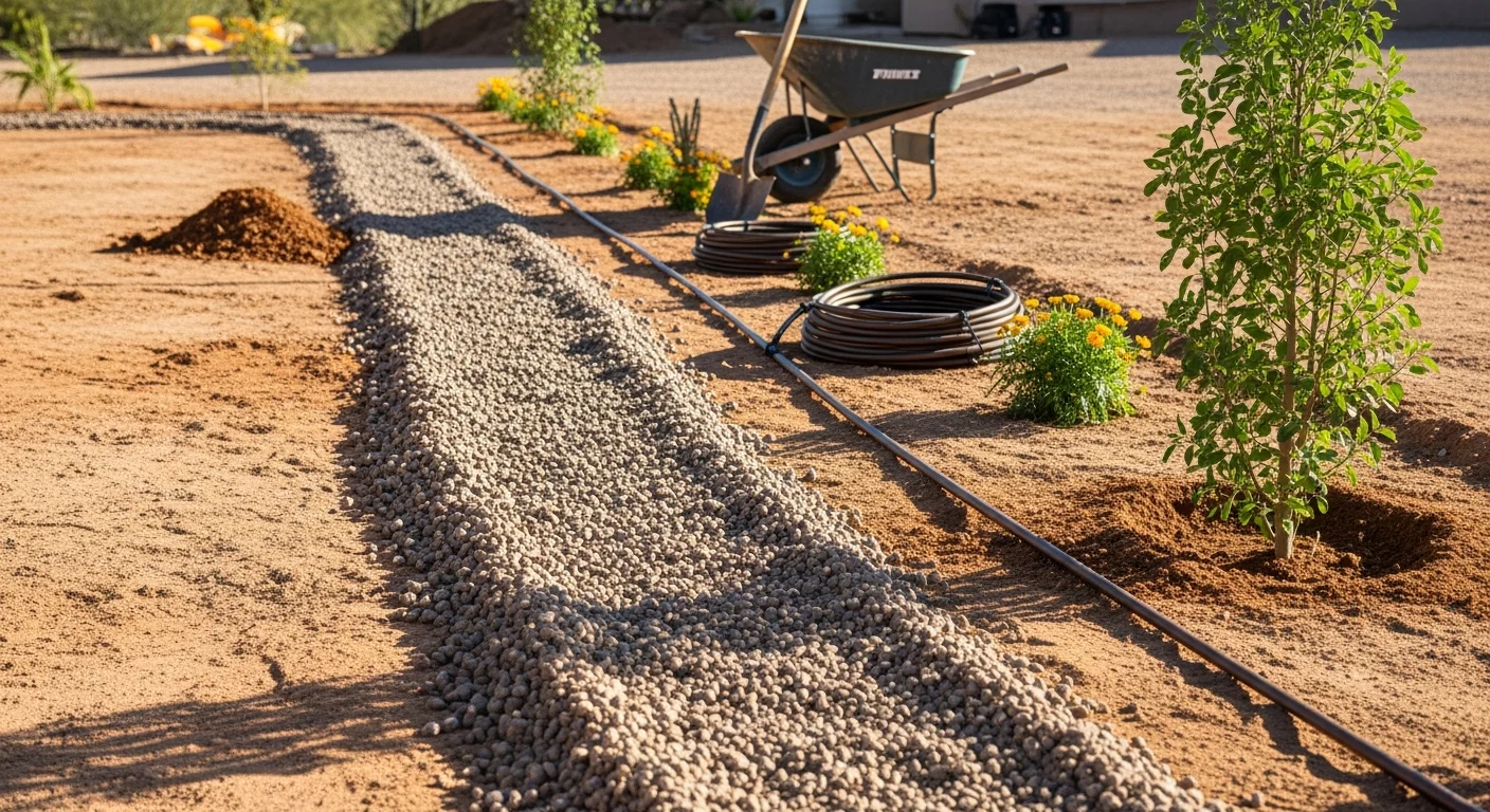 A completed residential landscape installation in Tucson, Arizona, showing desert-adapted plants, decomposed granite ground cover, and a drip irrigation system in a front yard. The yard reflects the Sonoran Desert setting with structured planting beds and a clean hardscape border.