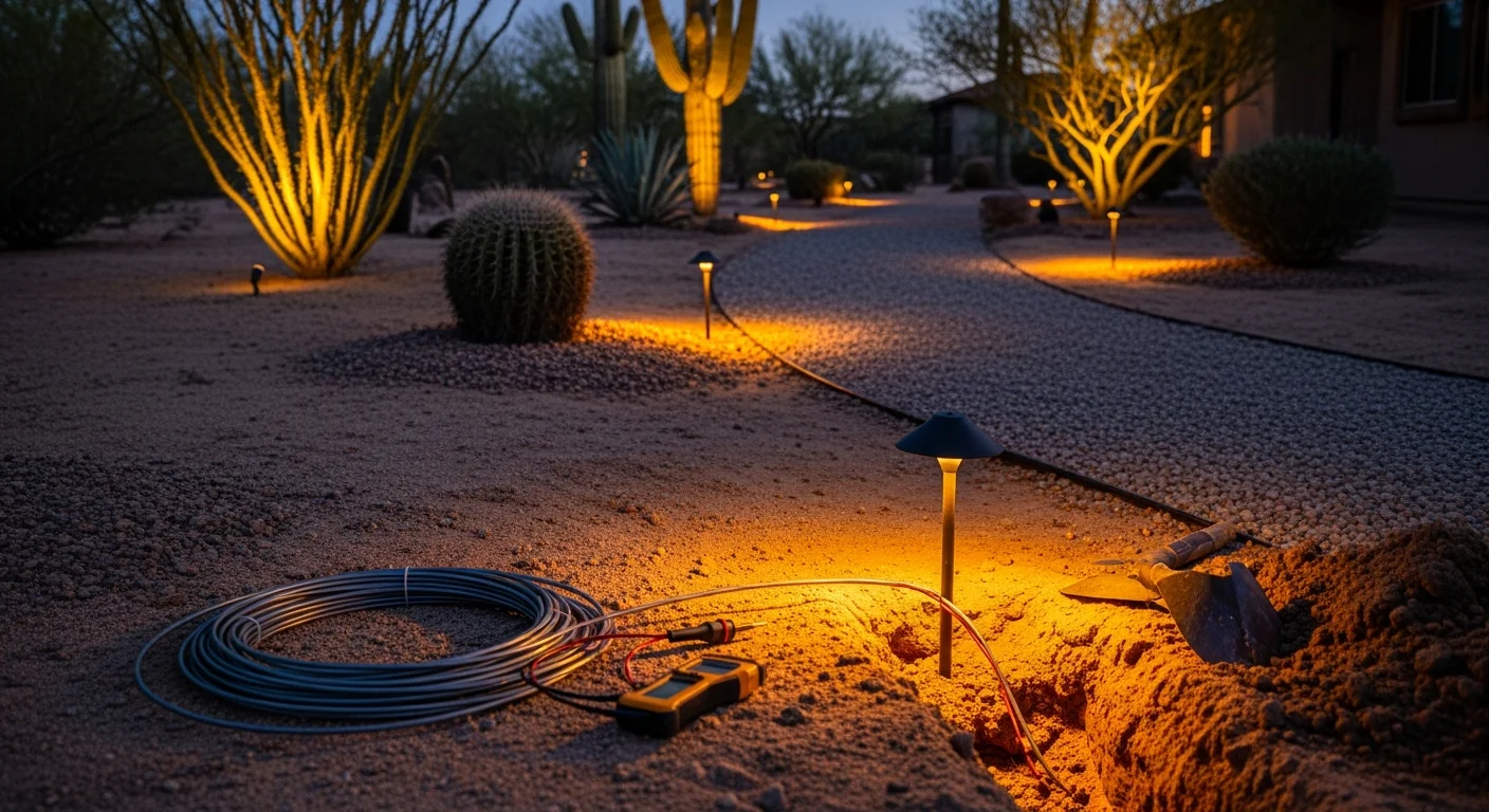 A Tucson residential backyard at night with downward-aimed path lights lining a desert stone walkway and soft uplighting on a tall saguaro cactus near a stucco wall. The lighting is warm-toned and aimed low, consistent with Pima County dark sky guidelines.