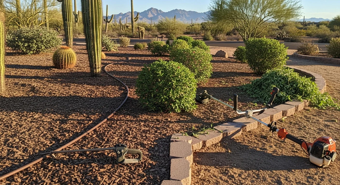 A well-maintained desert residential yard in Tucson with neatly trimmed native shrubs, cleared decomposed granite ground cover, and no visible weed growth. A Wolfberry Landscaping crew member inspects a drip irrigation emitter near the base of a desert shrub.
