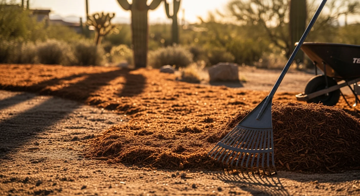 Fresh mulch installed across a desert landscape bed in Tucson, Arizona, with clean edges around drought-tolerant shrubs and exposed gravel pathways visible in the background. A uniformly spread two-to-three-inch layer of organic mulch covers the soil between established plants in a residential front yard.