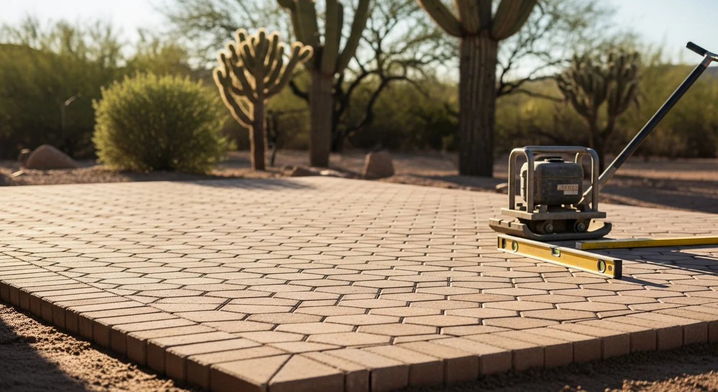 A finished paver patio installed by Wolfberry Landscaping in a Tucson backyard, showing clean joint lines, a level surface, and desert-toned stone set against a Sonoran Desert landscape. The patio extends from the home's rear entry toward an open seating area with no pooling or uneven edges visible.