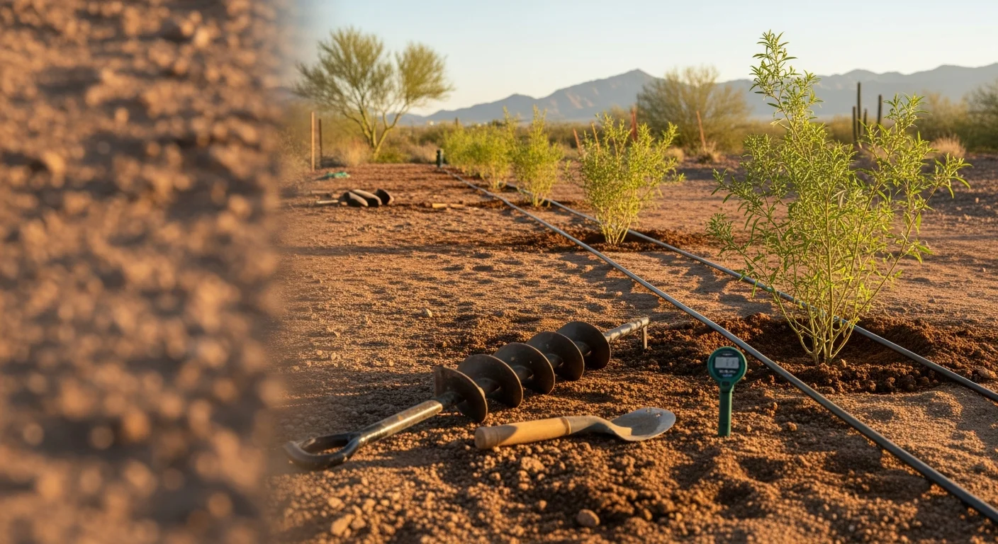 A Tucson residential front yard with a curated arrangement of palo verde, ocotillo, and desert groundcover plants set against a gravel mulch bed. Wolfberry Landscaping planting and botanical curation service shown in a Sonoran Desert setting.