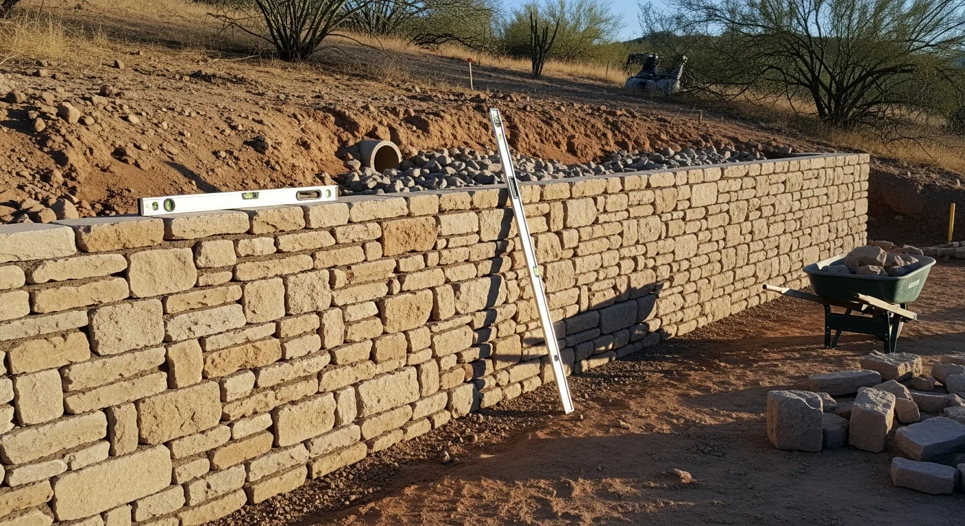 A finished multi-course stone retaining wall built by Wolfberry Landscaping on a sloped Tucson residential property, with desert plantings above the wall and a level yard area below. The wall shows clean coursework and a gravel drainage border along the base.