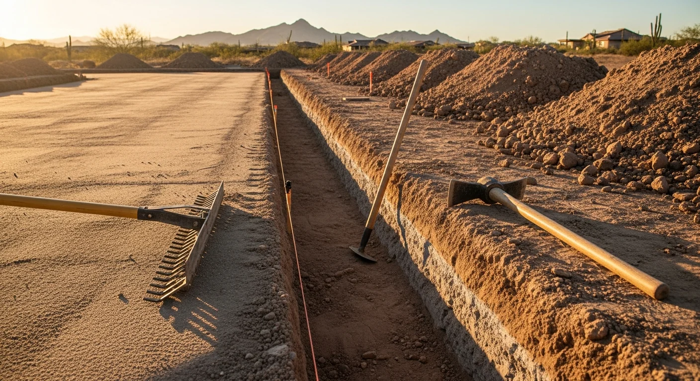 A Tucson residential backyard during hardscape site preparation, showing excavated and graded desert soil with a compacted aggregate base ready for paver installation. The cleared area is level and sloped away from the home's exterior wall.