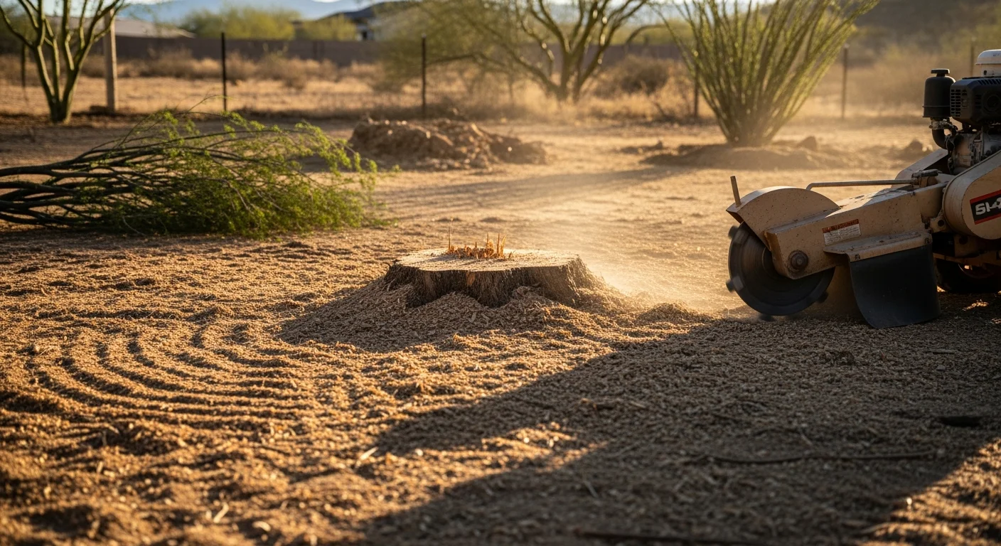 A freshly ground mesquite tree stump in a Tucson residential backyard, with the surrounding desert landscape and gravel yard visible. The stump has been reduced below ground level, leaving a clean, level surface ready for new landscaping.