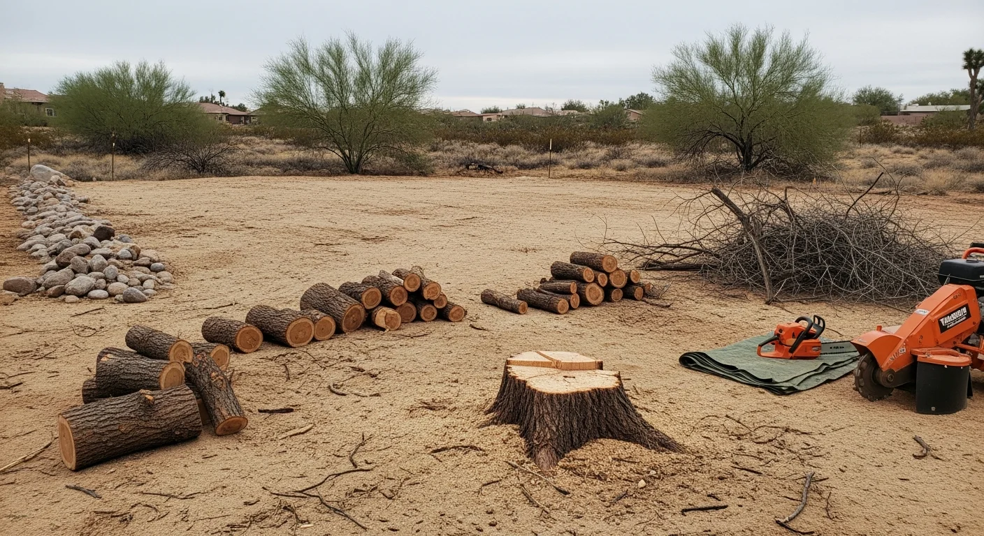 A tree removal crew in a Tucson residential yard cutting down a large dead mesquite tree near a block wall. The surrounding desert landscape and gravel yard are visible in the background.