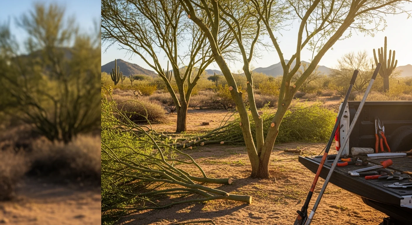 A Wolfberry Landscaping crew member trimming the canopy of a mature mesquite tree in a Tucson residential backyard. The trimmed tree shows a balanced, open canopy with cleared lower branches above a desert landscaped yard.
